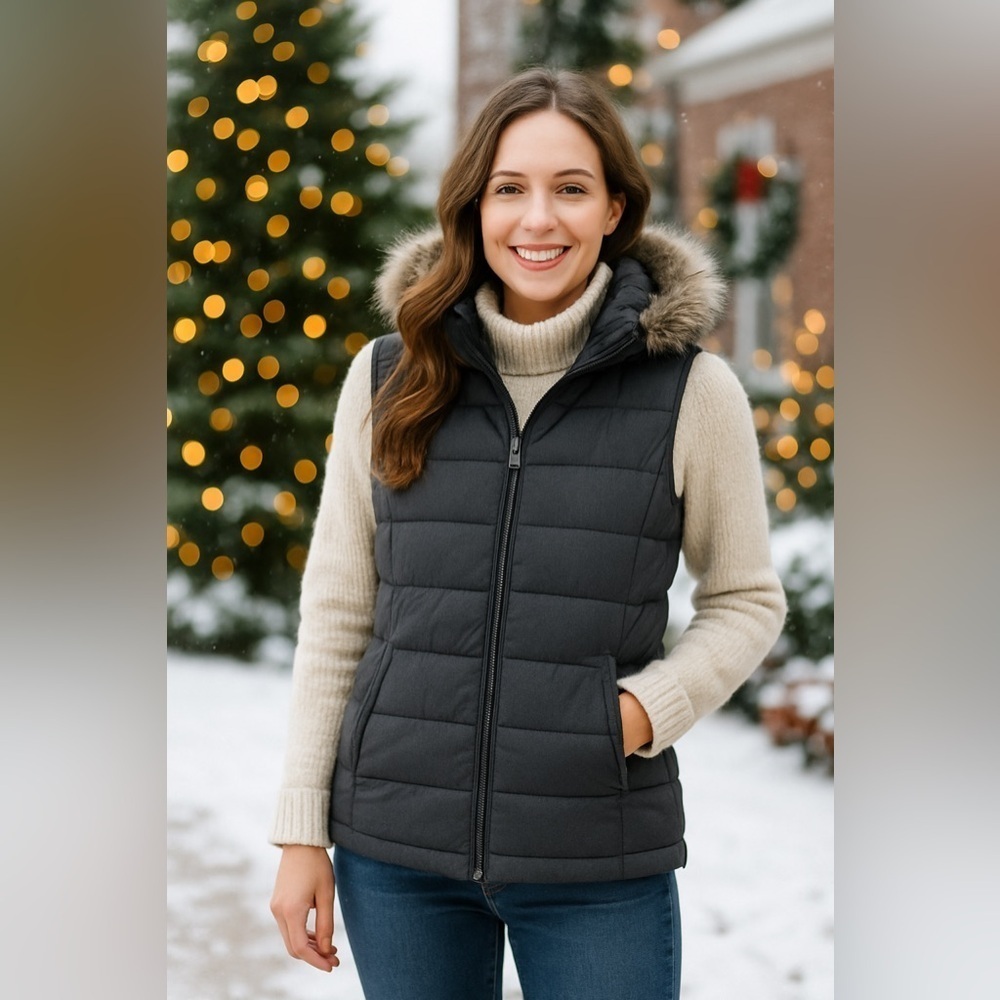 Columbia Omniheat Winter Skiing Puffer Vest Faux Fur Trim Charcoal Gray Small